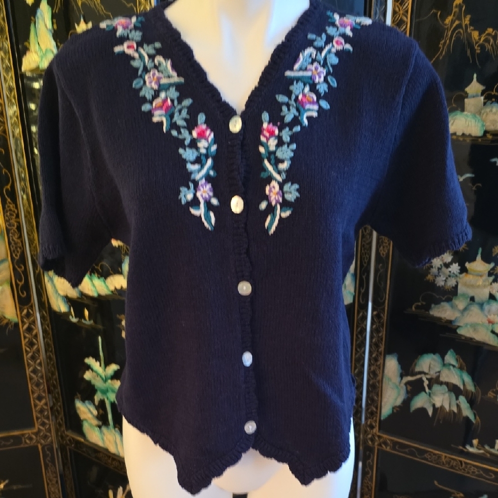 Requirements Navy Cardigan with Floral Embroidery